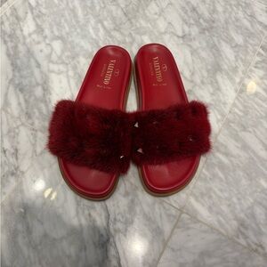 Valentino Women's Red Fur Slide Sandals